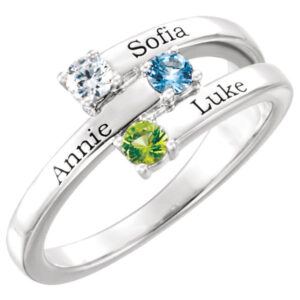 3-Stone Personalized Family Gemstone Ring with Names, 14K White Gold