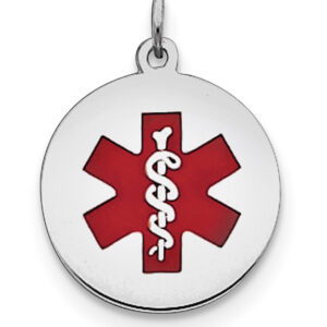 3/4" Diameter Medical ID Pendant with Red Enamel in Sterling Silver