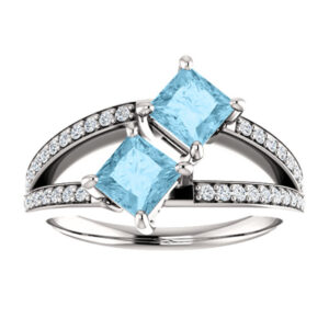 4.5mm Princess Cut Aquamarine and Diamond 2 Stone Ring in 14K White Gold