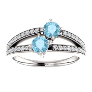 4mm Round Aquamarine and Diamond 2 Stone Ring in 14K White Gold