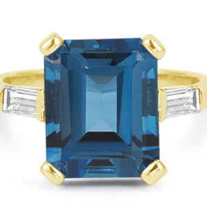 5 Carat Emerald-Cut London Blue Topaz and Diamond Ring in 14K Yellow Gold