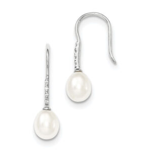 7-8mm Freshwater Cultured Pearl CZ Dangle Earrings