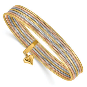 7 day tri-color 14k gold rope bangle bracelets with heart charm