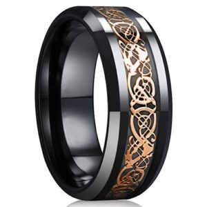 8mm - Black Ceramic Rose Gold and Black Resin Inlay Celtic Dragon Knot Ring