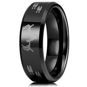 8mm - Black Tungsten Carbide Deer Track & Head Ring - Deer Antler and Hooves Laser Design. Hunter's Wedding Band