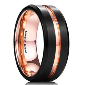 8mm - Black Tungsten Ring Band - Rose Gold 8mm - Black Matte Tungsten Ring with Rose Gold Beveled Edges