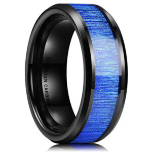 8mm - Koa Wood Wedding Ring - Blue Tungsten Engagement Band - 8mm - Comfort Fit - Black Band w/ Blue Wood