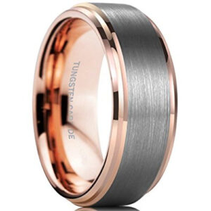 8mm - Silver Tungsten Ring - Rose Gold 8mm Stepped Edges Matte Finish Top