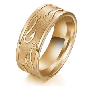 8mm - Simple Artistic Fishing Hook Pattern Ring Engraved Flat Steel Ring (Gold Tone)