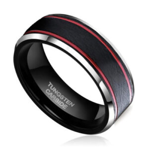 8mm - Tungsten Carbide Black Red Double Grooves Beveled Edges Ring