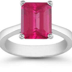 8mm x 6mm Emerald Cut Pink Topaz Solitaire Ring, 14K White Gold