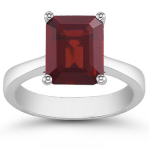 8mmx 6mm Emerald Cut Garnet Solitaire Ring in 14K White Gold