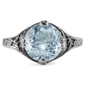 9mm Round Aquamarine Floral Design Vintage Style Ring in 14K White Gold