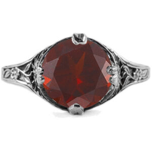 9mm Round Garnet Floral Design Vintage Style Ring in 14K White Gold