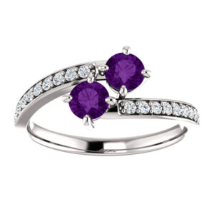 Amethyst Two Stone Ring with Diamond Accents in 14K White Gold