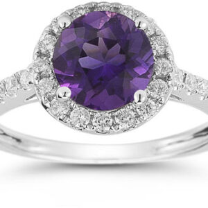 Amethyst and Diamond Halo Gemstone Ring in 14K White Gold