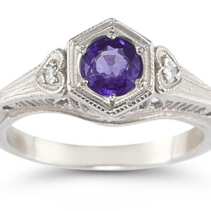 Amethyst and Diamond Heart Ring, 14K White Gold