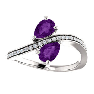 Amethyst and Diamond "Only Us" Pear Cut Two Stone Ring in 14K White Gold