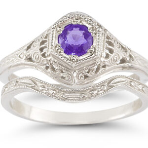 Antique-Style Amethyst Bridal Wedding Ring Set