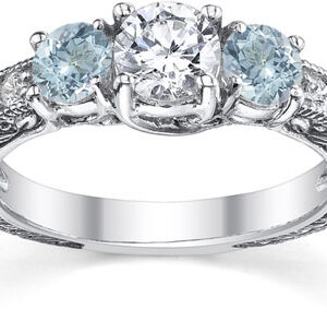 Antique-Style Aquamarine and Diamond Engagement Ring, 14K White Gold