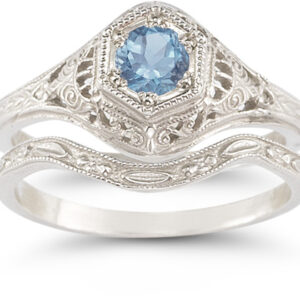 Antique-Style Blue Topaz Wedding Ring Set