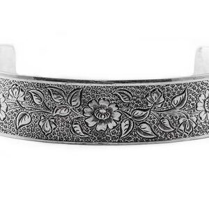 Antique-Style Engraved Flower Cuff Bangle Bracelet in Sterling Silver