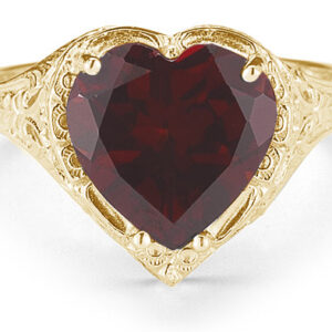 Antique-Style Filigree Crimson-Red Garnet Heart Ring in 14K Yellow Gold