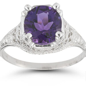 Antique-Style Floral Amethyst Ring in 14K White Gold