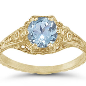 Antique-Style Victorian-Era Floral Aquamarine Ring in 14K Yellow Gold