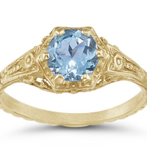 Antique-Style Victorian-Period Floral Blue Topaz Ring in 14K Yellow Gold