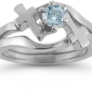 Aquamarine Cross Wedding Ring Bridal Set, 14K White Gold