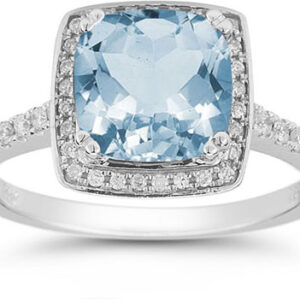 Aquamarine and Pave Diamond Halo Ring in 14K White Gold