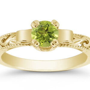 Art Deco Design Green Peridot Ring, 14K Yellow Gold