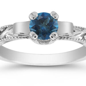 Art Deco London Blue Topaz Engagement Ring, 14K White Gold