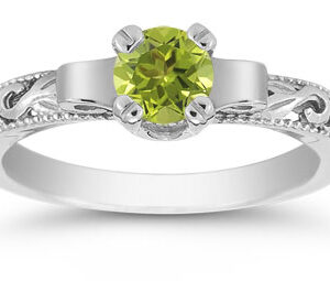 Art Deco Peridot Engagement Ring, 14K White Gold