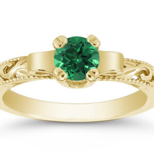 Art Deco Period Emerald Engagement Ring, 14K Yellow Gold