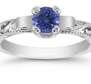 Art Deco Sapphire Engagement Ring, 14K White Gold