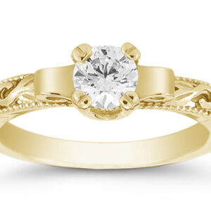 Art Deco Style 0.50 Carat Diamond Engagement Ring, 14K Yellow Gold