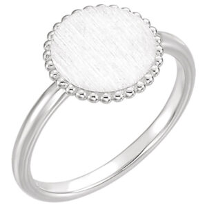 Beaded Circle Engraveable Signet Ring, 14K White Gold