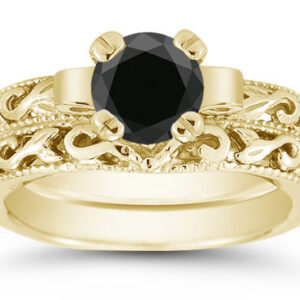 Black Diamond 1 Carat Lotus Flower Bridal Wedding Ring Set, 14K Yellow Gold