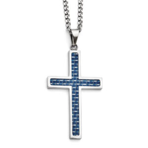 Blue Carbon Fiber Cross Necklace in Stainless Steel