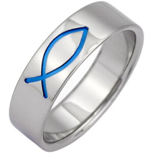 Blue Ichthus Titanium Wedding Band