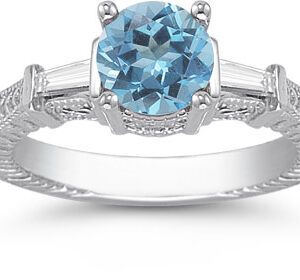 Blue Topaz and Diamond Engraved Engagement Ring, 14K White Gold