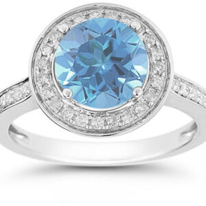 Blue Topaz and Diamond Halo Ring in 14K White Gold