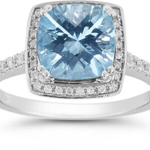 Blue Topaz and Pave Diamond Halo Ring in 14K White Gold