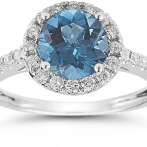 Blue and White Diamond Halo Ring in 14K White Gold