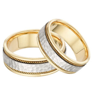 Brushed Hammered Wedding Band Set in 14K Two-Tone Gold