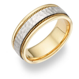 Brushed Hammered Wedding Band in 14K Two-Tone Gold