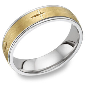 Christian Cross Etched Wedding Band Ring, 14K Two-Tone Gold