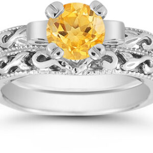 Citrine 1 Carat Art Deco Bridal Ring Set in Sterling Silver